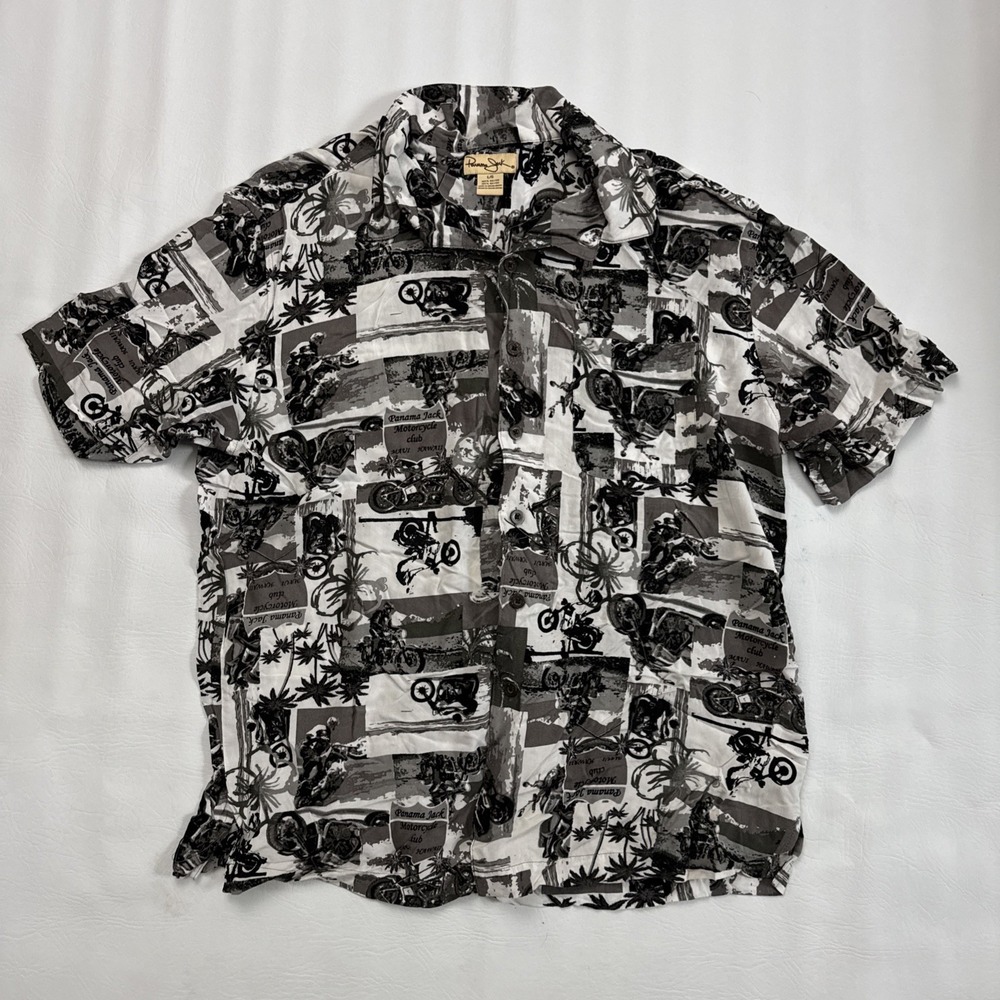 Panama Jack Motorcycle Club Maui Hawaiian Paradise Black White Shirt Sz Lg Rayon